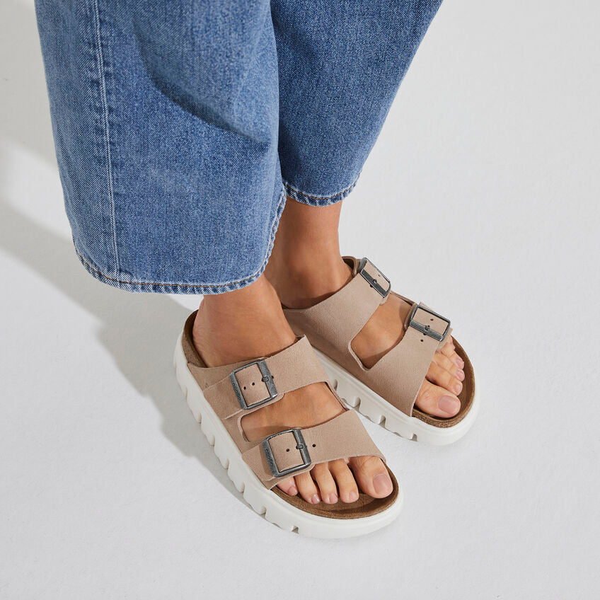 BIRKENSTOCK ARIZONA CHUNKY WARM SAND SUEDE NARROW