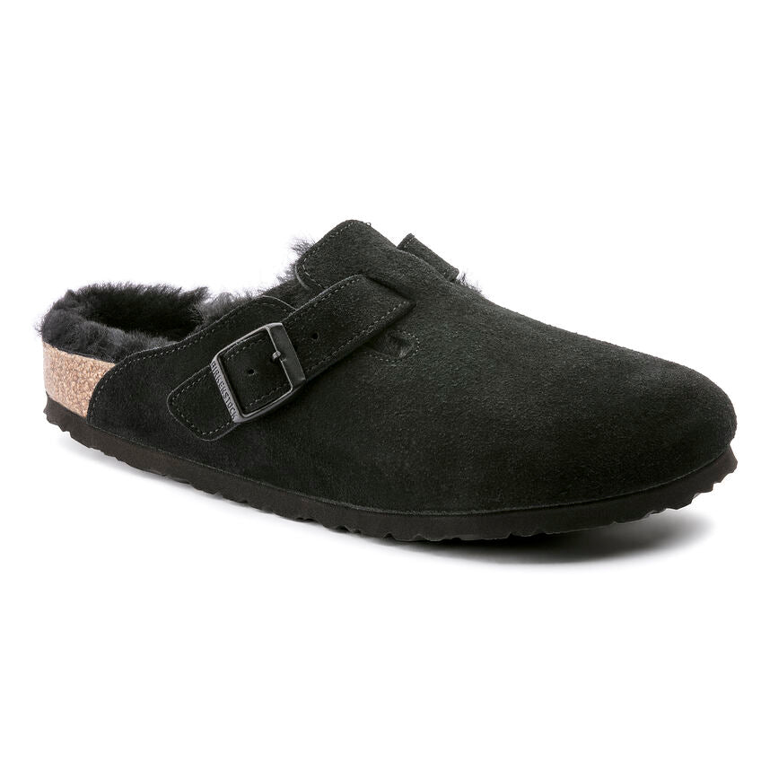 BIRKENSTOCK BOSTON BLACK W/BLACK SHEARLING SUEDE REGULAR