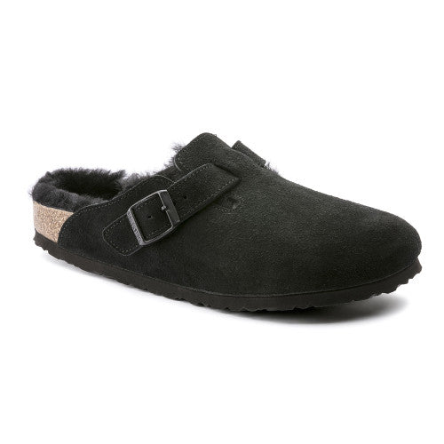 BIRKENSTOCK BOSTON BLACK W/BLACK SHEARLING SUEDE NARROW