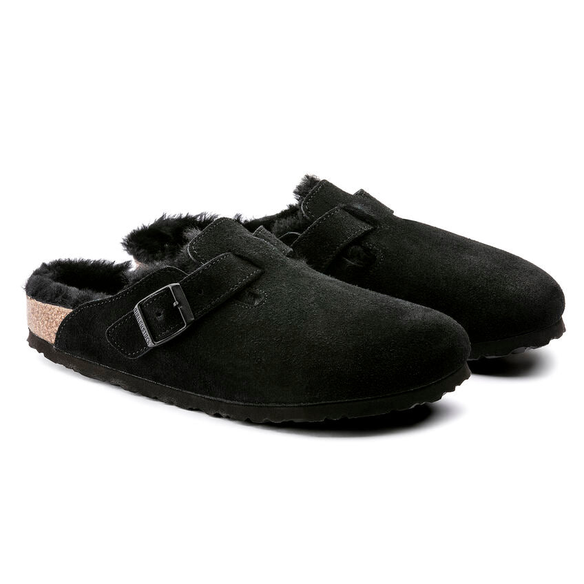 BIRKENSTOCK BOSTON BLACK W/BLACK SHEARLING SUEDE REGULAR