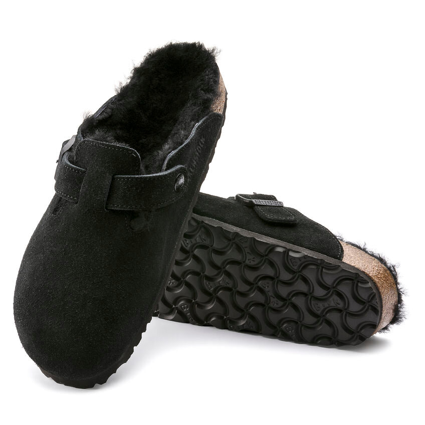 BIRKENSTOCK BOSTON BLACK W/BLACK SHEARLING SUEDE REGULAR