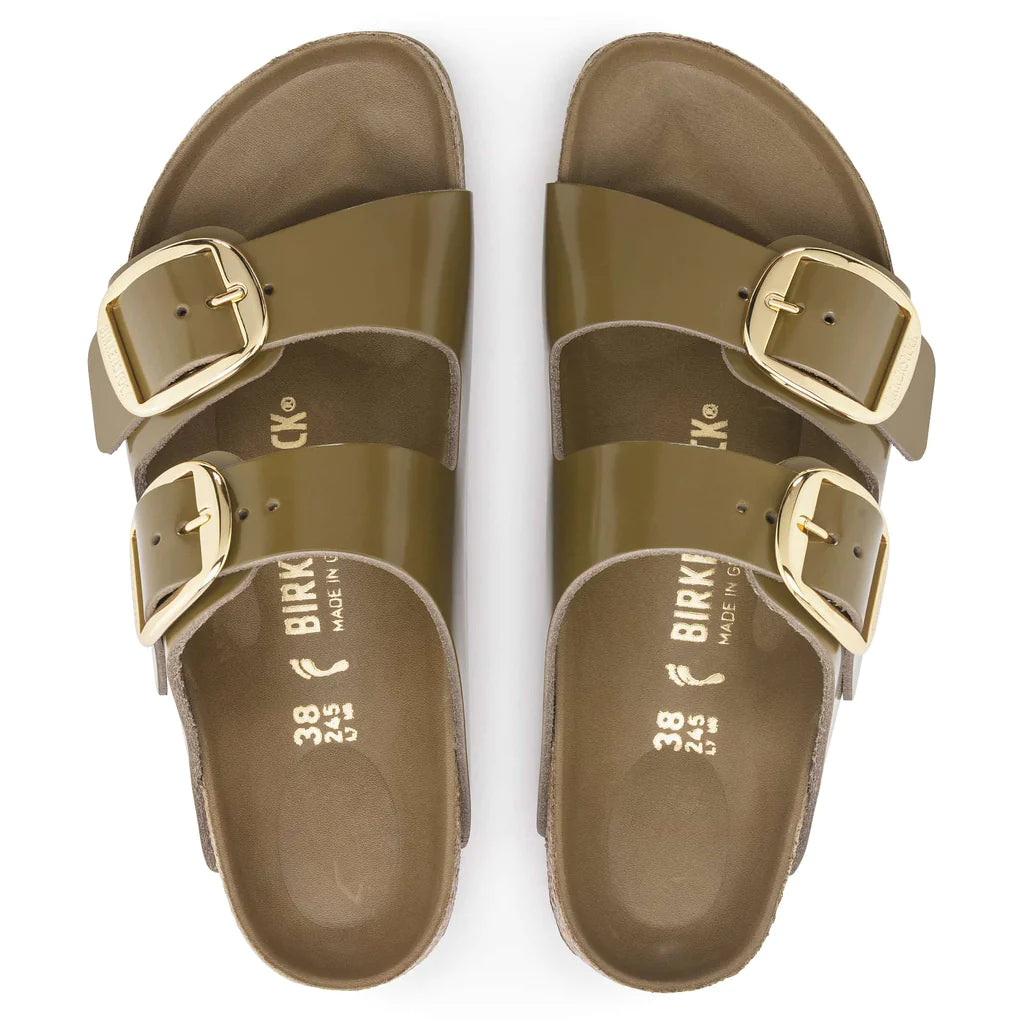 BIRKENSTOCK ARIZONA BIG BUCKLE HIGH SHINE MUD GREEN LEATHER NARROW