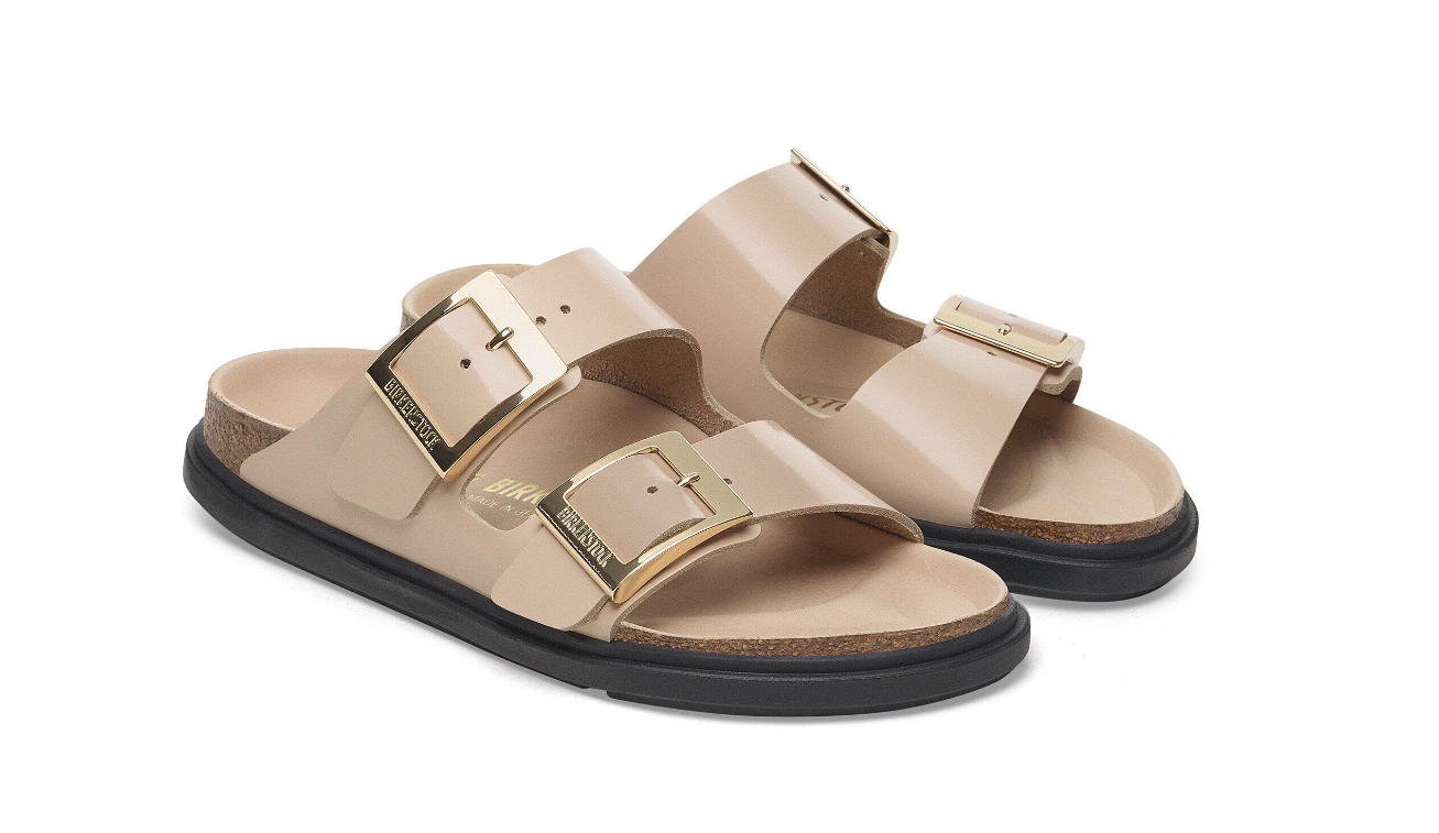 Birkenstock Arizona Droplet Buckle Natural Leather Patent High Shine New Beige