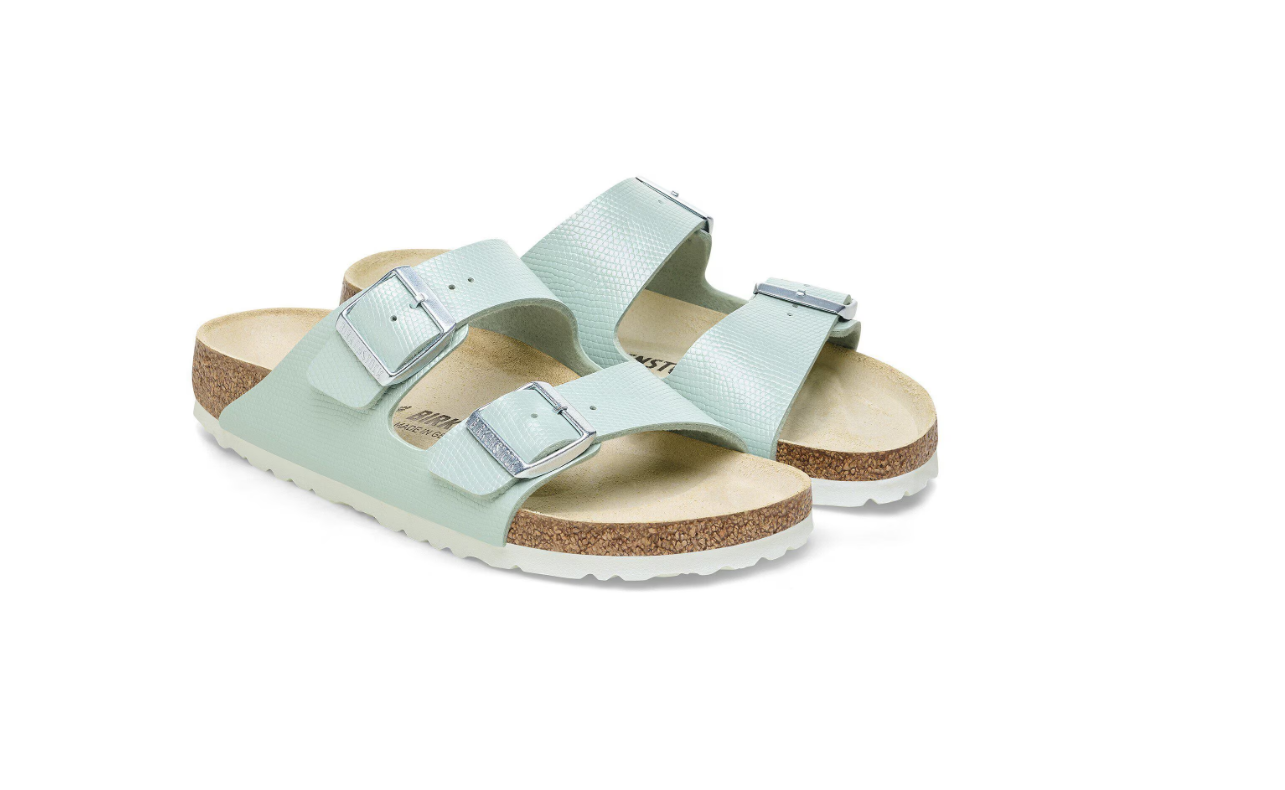 Birkenstock Arizona Birko-Flor Embossed Shiny Lizard Surf Green Sandals