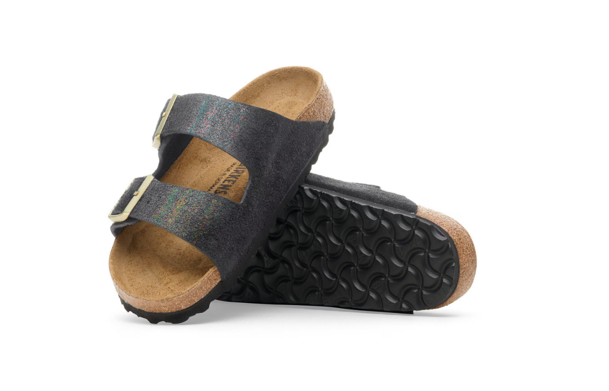 Birkenstock Arizona Suede Leather Shimmering Black Sandals - Black, Narrow