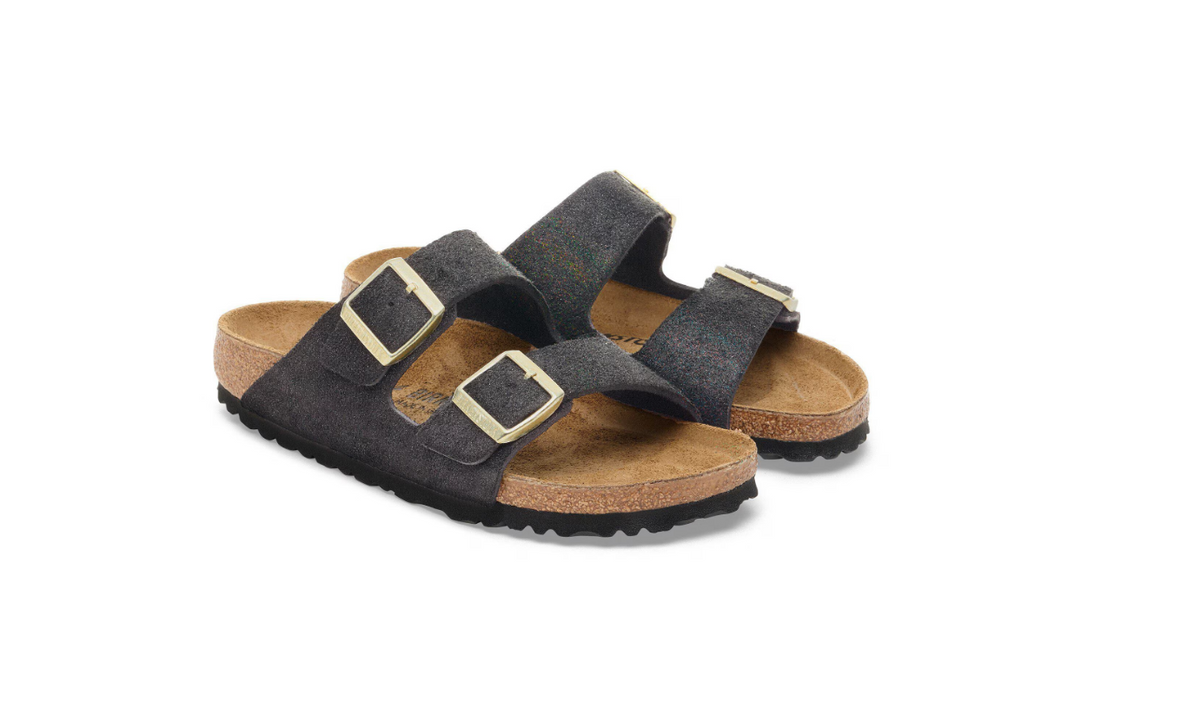 Birkenstock Arizona Suede Leather Shimmering Black Sandals - Black, Narrow