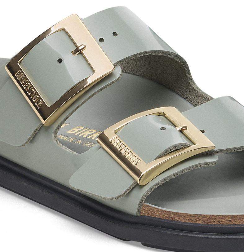 Birkenstock Arizona Droplet Buckle Natural Leather Patent High Shine Pure Sage