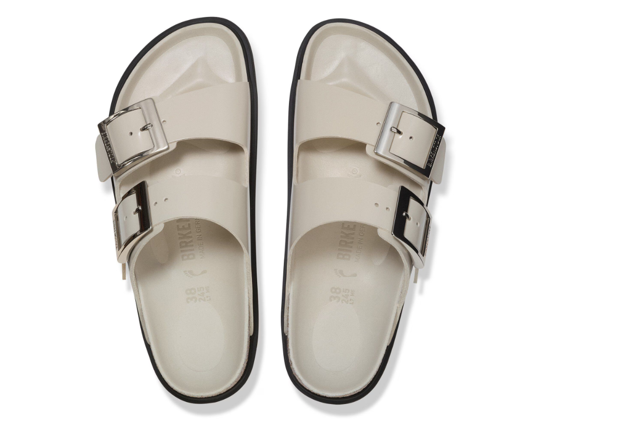 Birkenstock Arizona Droplet Buckle Natural Leather Patent High Shine Oyster