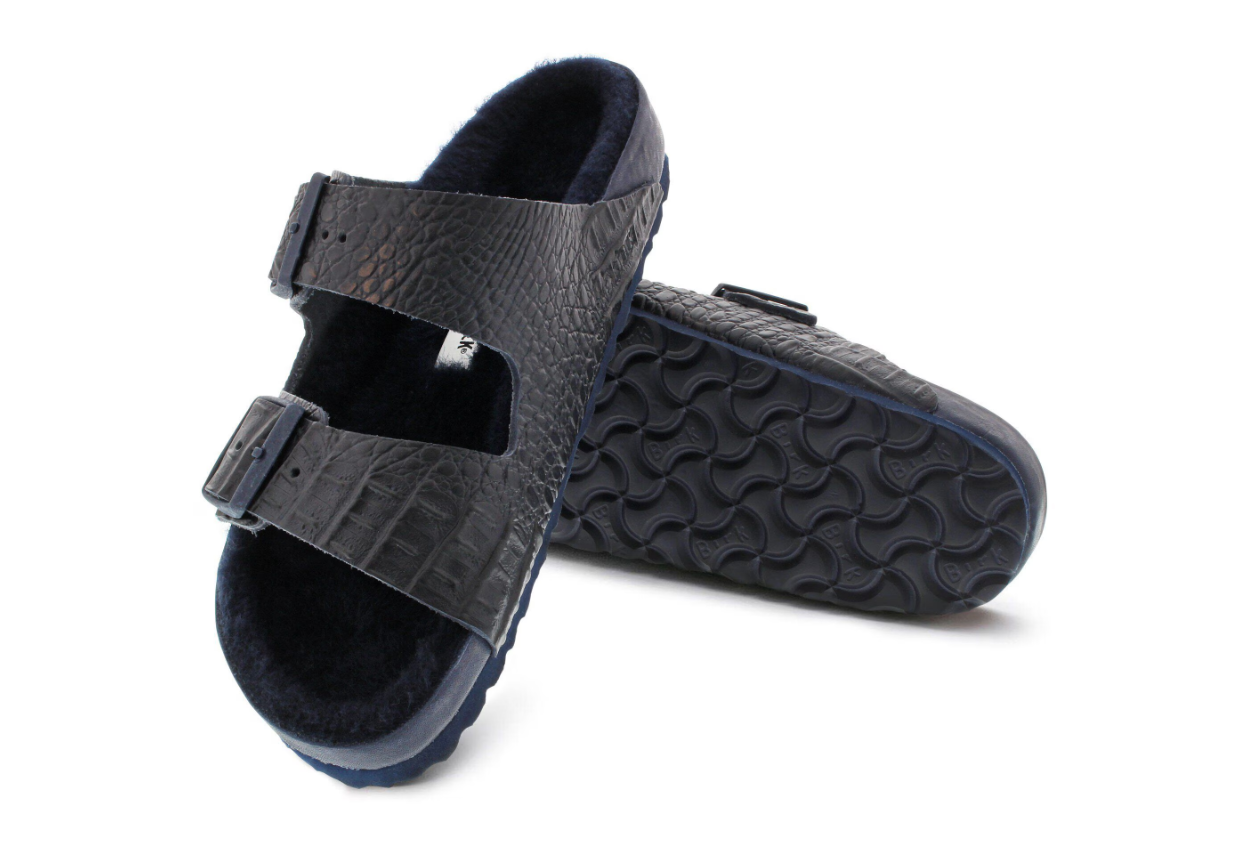 Birkenstock Arizona Croco Embossed Leather Shearling Croco Navy Sandals