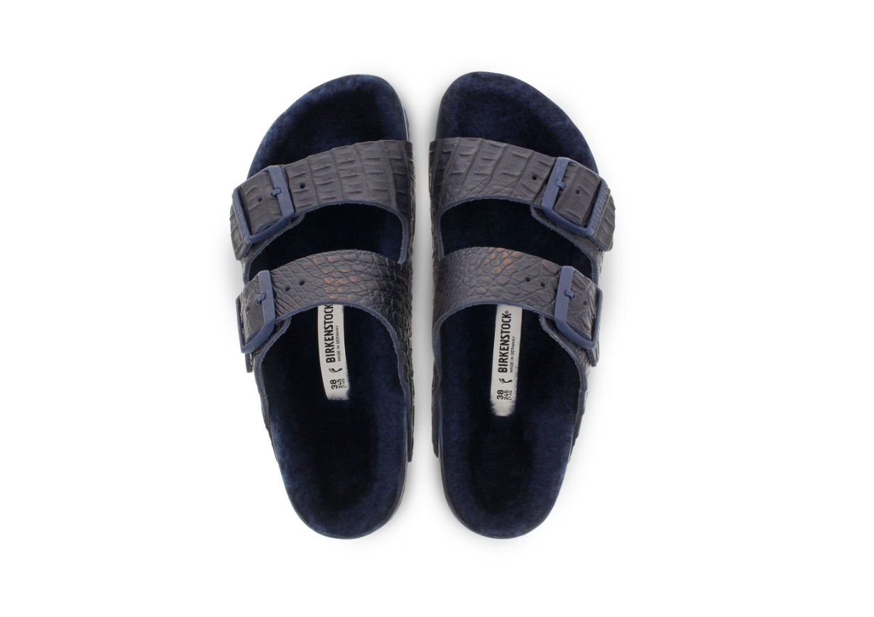 Birkenstock Arizona Croco Embossed Leather Shearling Croco Navy Sandals