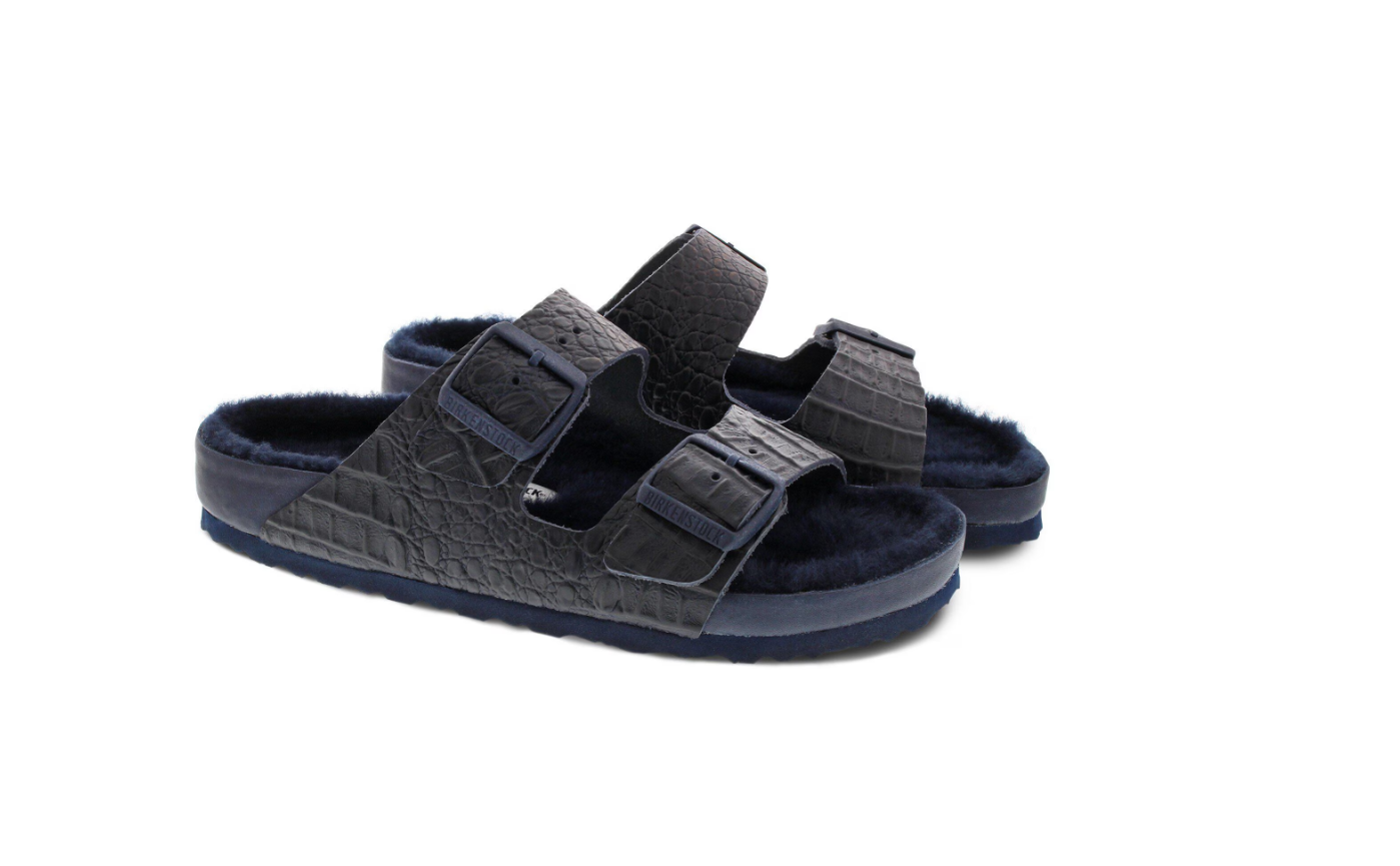 Birkenstock Arizona Croco Embossed Leather Shearling Croco Navy Sandals