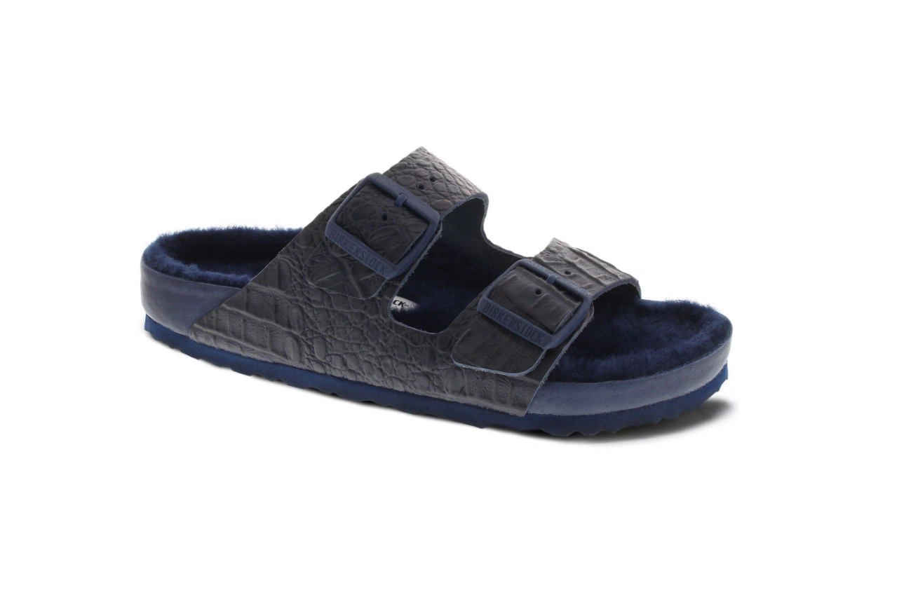 Birkenstock Arizona Croco Embossed Leather Shearling Croco Navy Sandals
