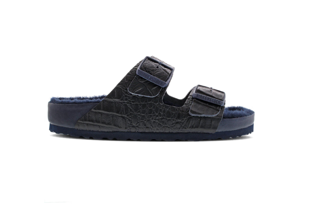 Birkenstock Arizona Croco Embossed Leather Shearling Croco Navy Sandals