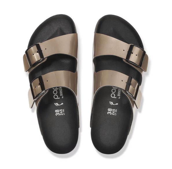 Birkenstock Arizona PAP Flex Platform Birko-Flor Patent Electric Metallic Taupe