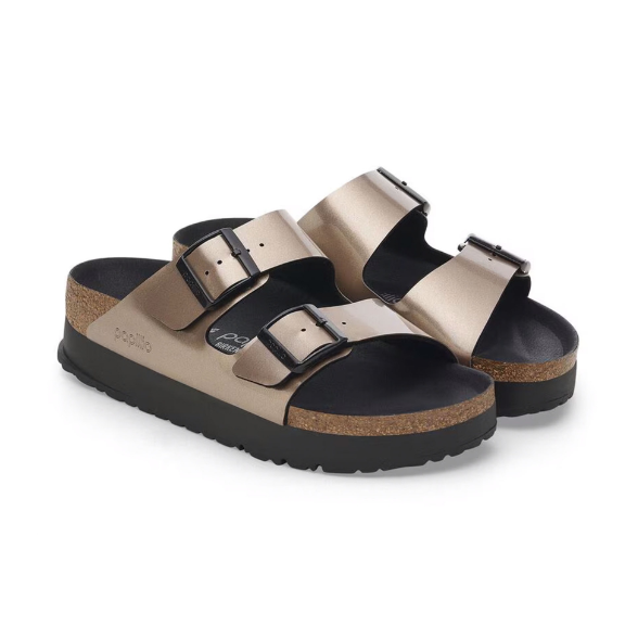 Birkenstock Arizona PAP Flex Platform Birko-Flor Patent Electric Metallic Taupe