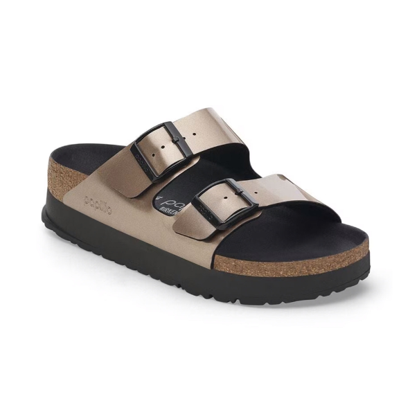 Birkenstock Arizona PAP Flex Platform Birko-Flor Patent Electric Metallic Taupe