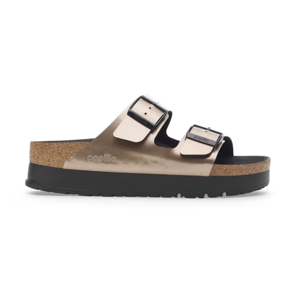 Birkenstock Arizona PAP Flex Platform Birko-Flor Patent Electric Metallic Taupe