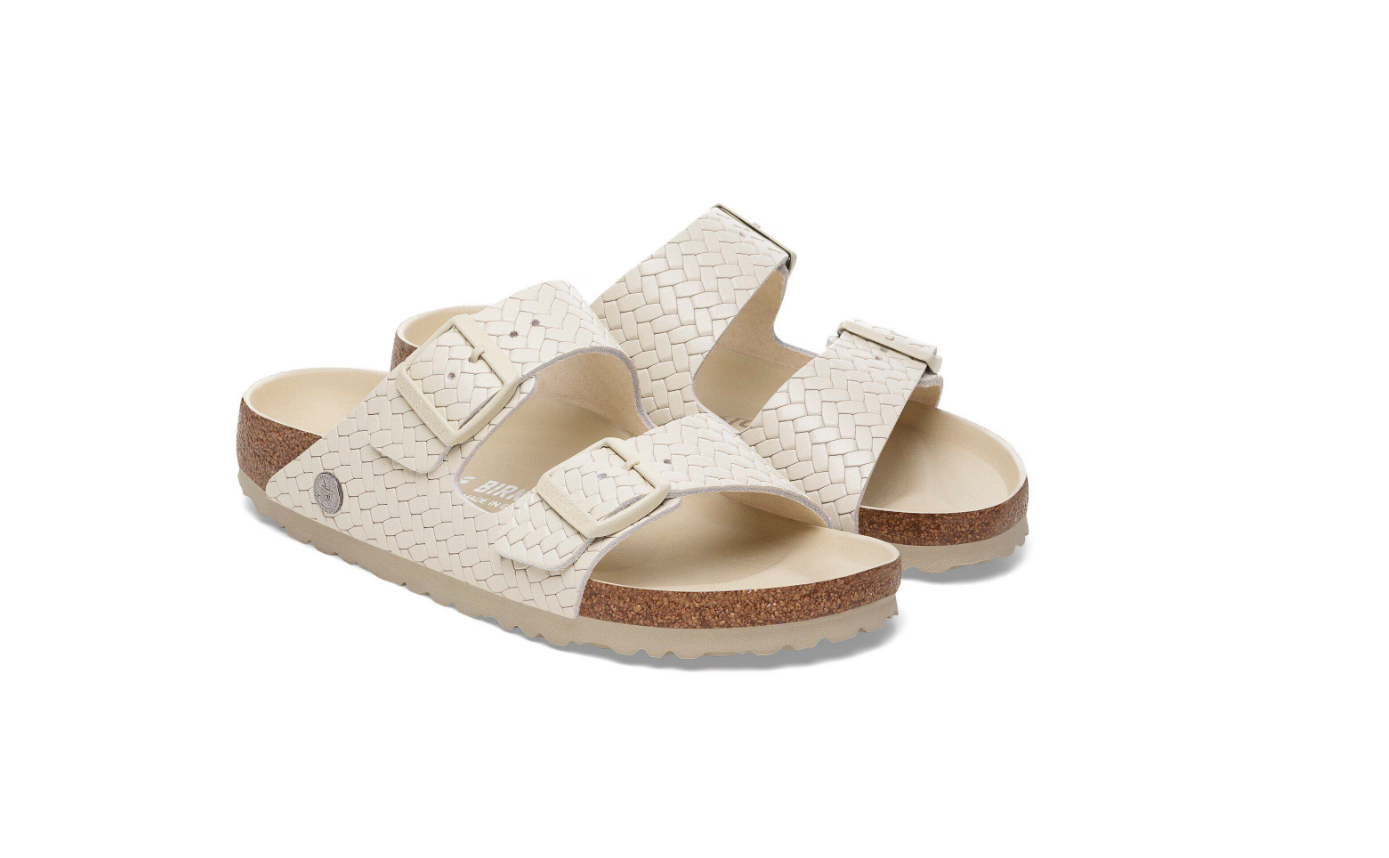 Birkenstock Arizona Rivet Logo Woven Emboss Leather Ecru Sandals