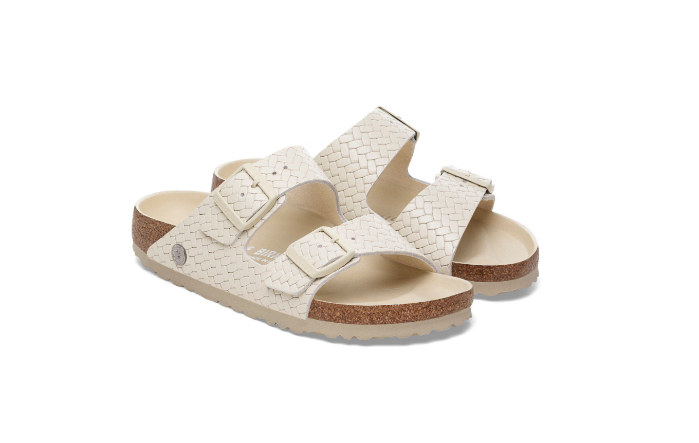 Birkenstock Arizona Rivet Logo Natural Leather Woven Embossed Ecru