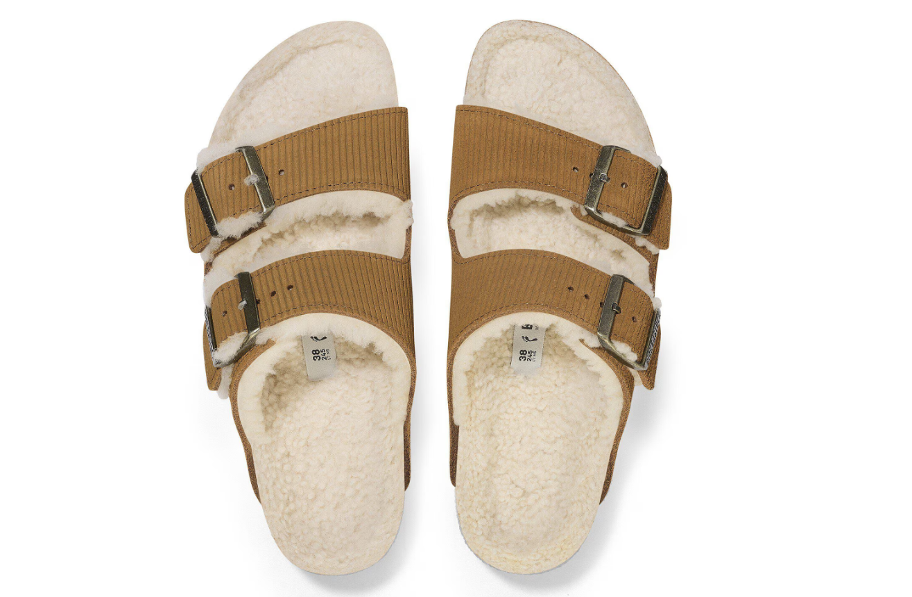 Birkenstock Arizona Shearling Embossed Suede Leather Corduroy Cork Brown
