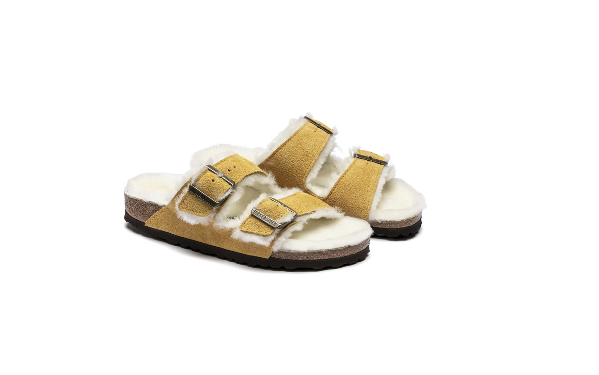 Birkenstock Arizona Shearling Suede Leather - Ochre-Beige, Narrow