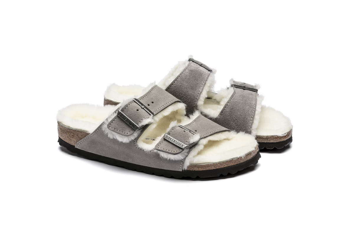 Birkenstock Arizona Shearling Suede Leather Stone - Coin, Narrow