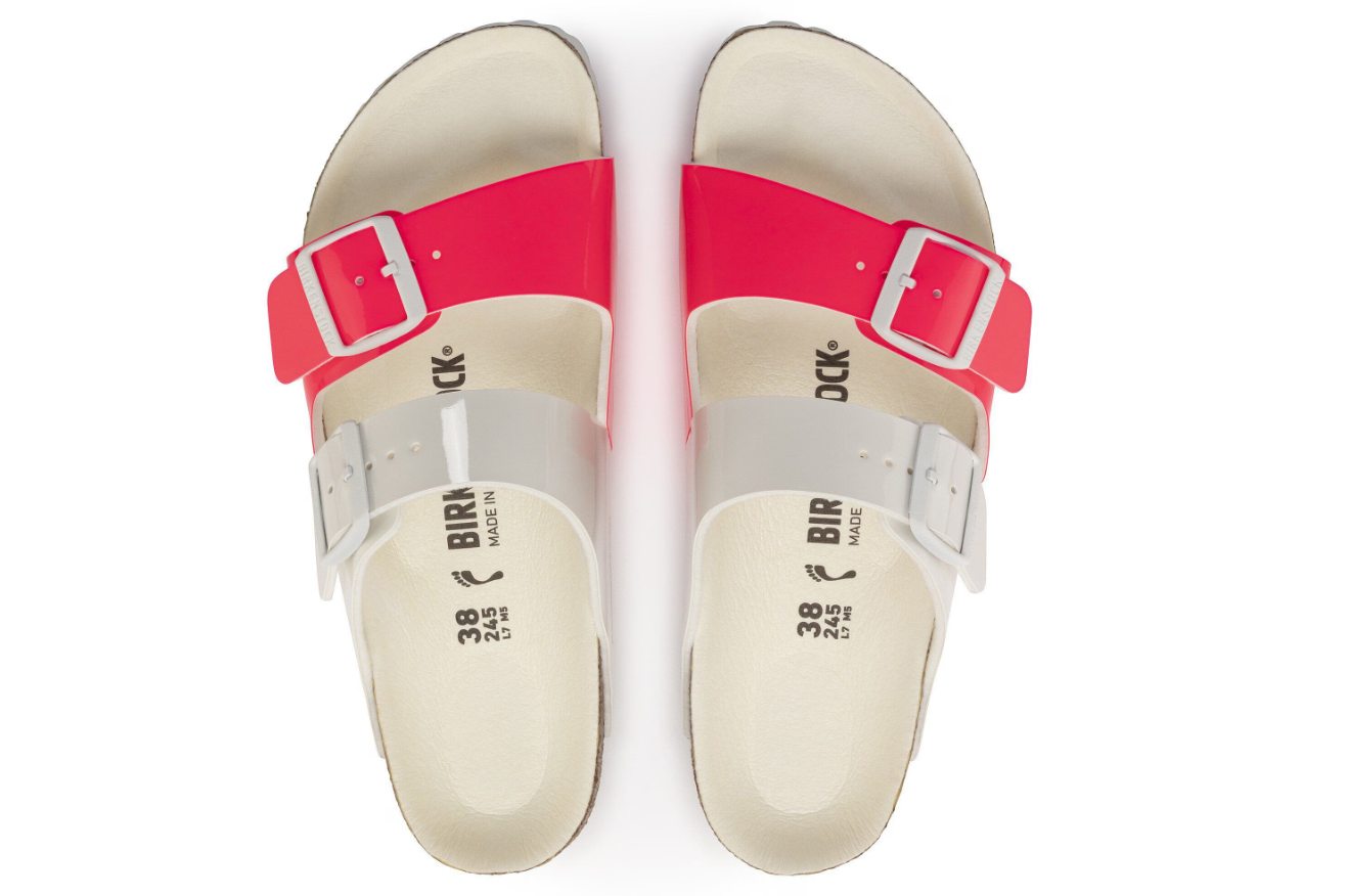 Birkenstock Arizona Split Birko-Flor Patent Neon Pink White