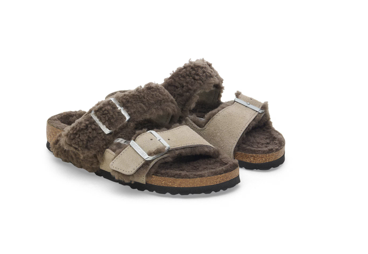 Birkenstock Arizona Teddy Split Suede Leather Fur Concrete Gray Stone Coin