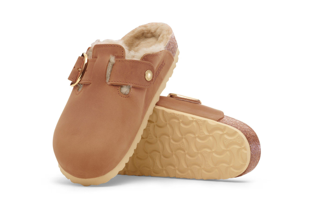 Birkenstock Boston Big Buckle Shearling Oiled Leather Cognac