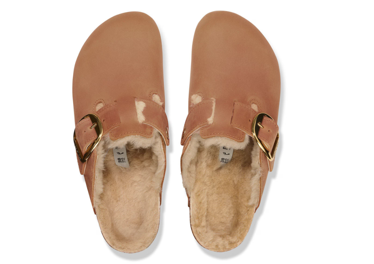 Birkenstock Boston Big Buckle Shearling Oiled Leather Cognac