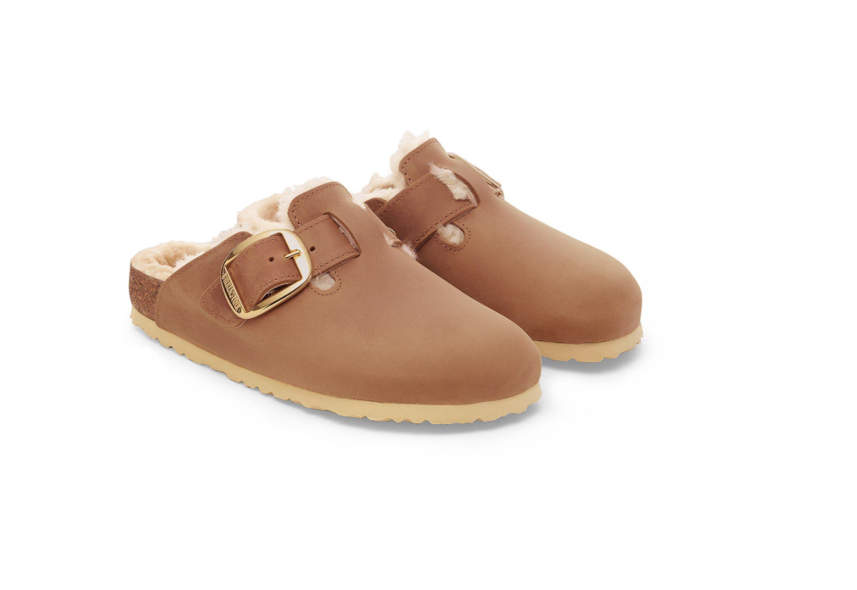 Birkenstock Boston Big Buckle Shearling Oiled Leather Cognac