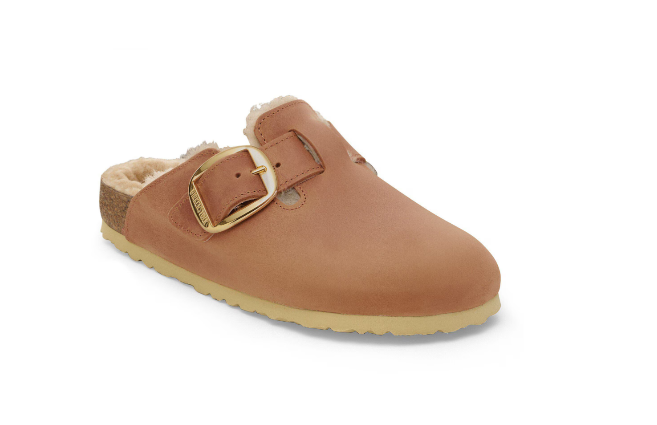 Birkenstock Boston Big Buckle Shearling Oiled Leather Cognac