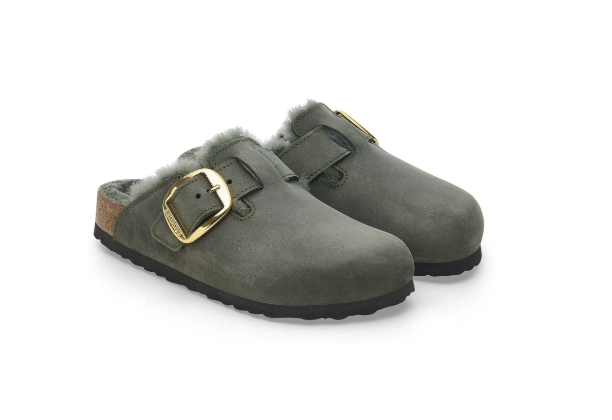 Birkenstock Boston Big Buckle Shearling Oiled Leather Clog Thyme