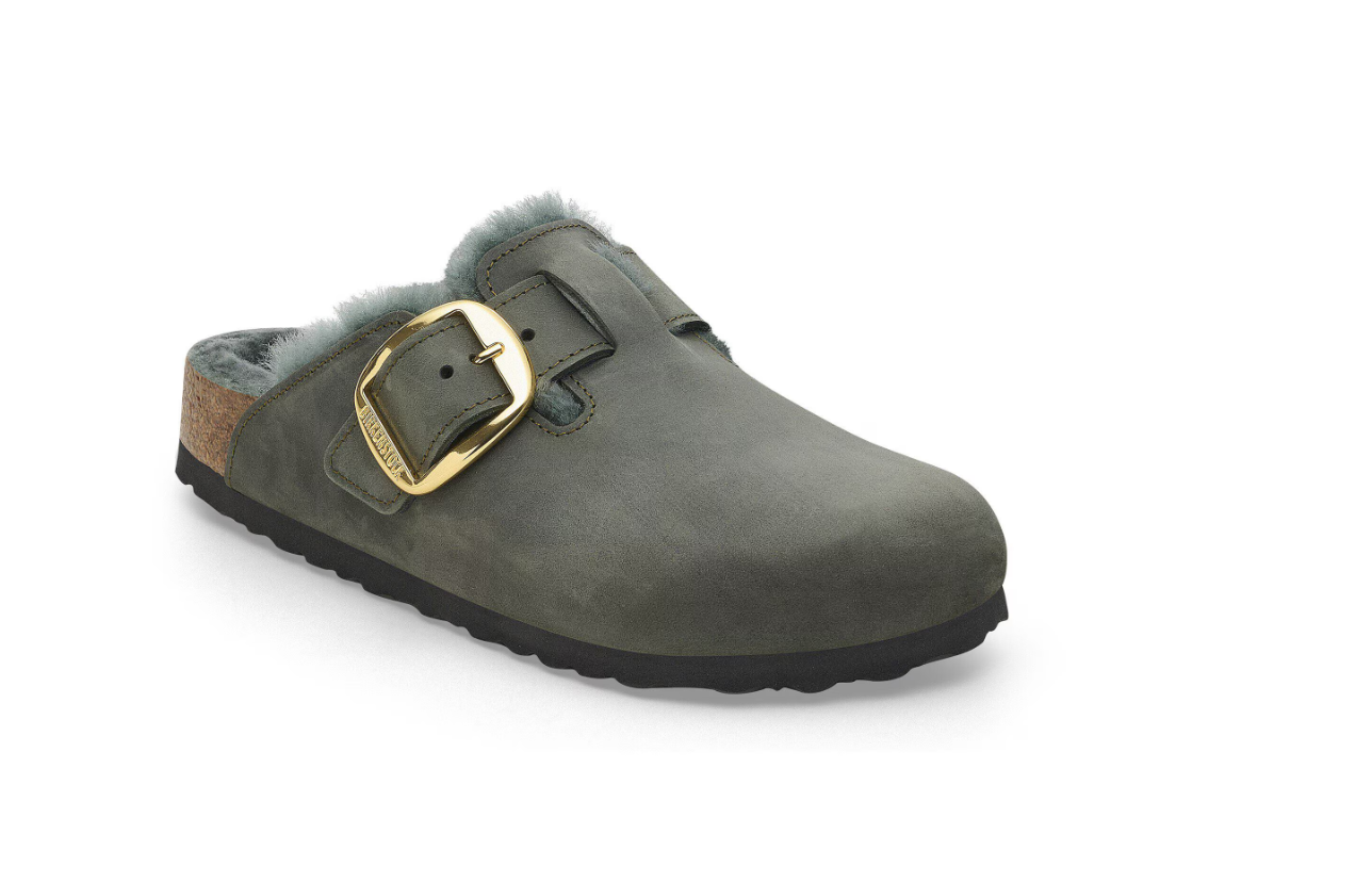 Birkenstock Boston Big Buckle Shearling Oiled Leather Clog Thyme