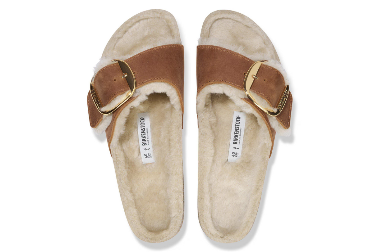 Birkenstock Madrid Big Buckle Shearling Oiled Leather  - Cognac, Narrow