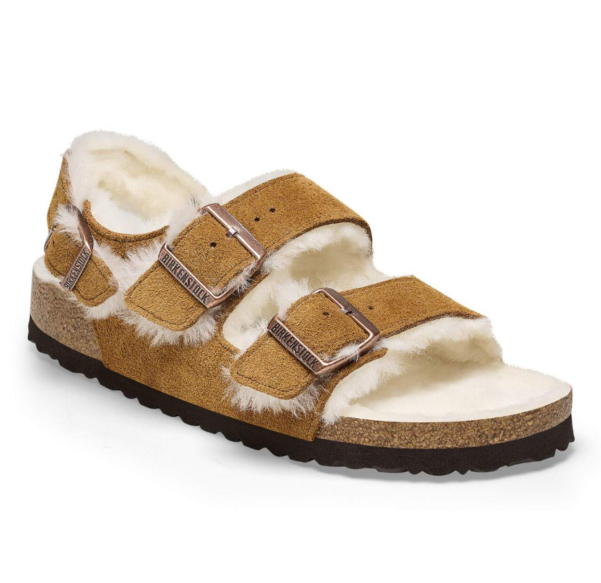 Birkenstock Milano Suede Shearling Sandals Mink Narrow
