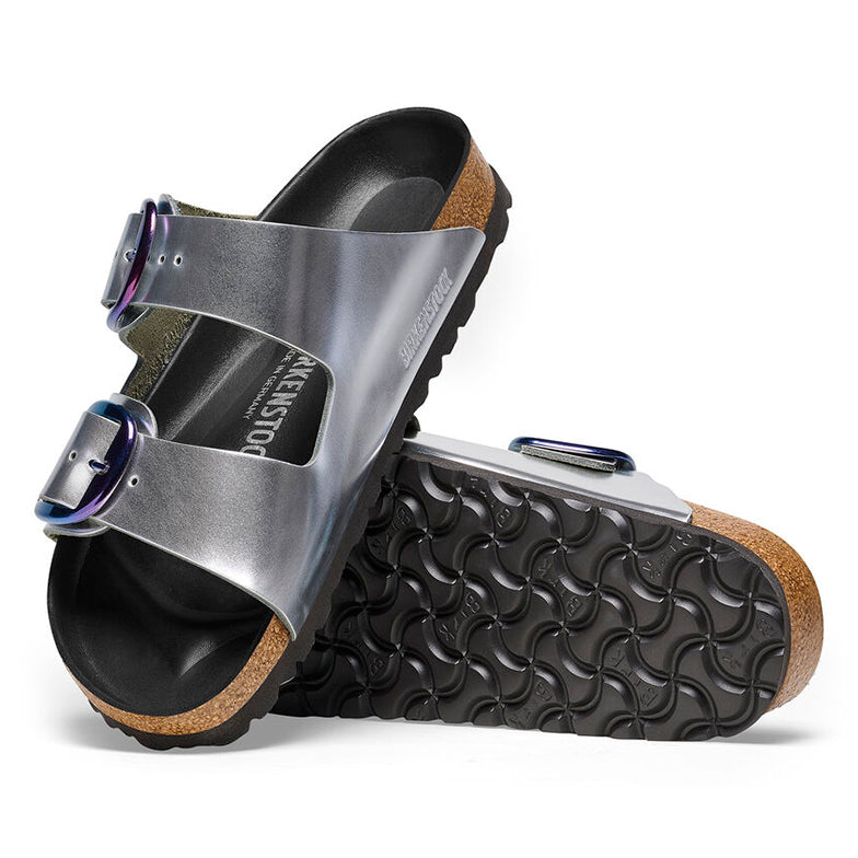 Birkenstock Arizona Big Buckle Metallic Silver Leather Sandals - Narrow