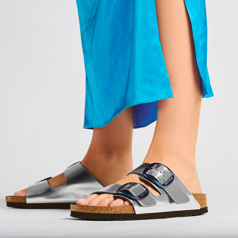 Birkenstock Arizona Big Buckle Metallic Silver Leather Sandals - Narrow