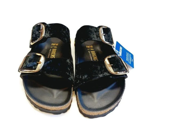 Birkenstock Arizona Big Buckle Piping Rivet Logo Velvet Sandals - Black - Narrow