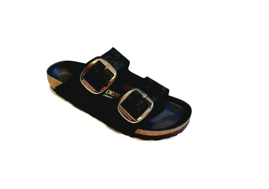 Birkenstock Arizona Big Buckle Piping Rivet Logo Velvet Sandals - Black - Narrow