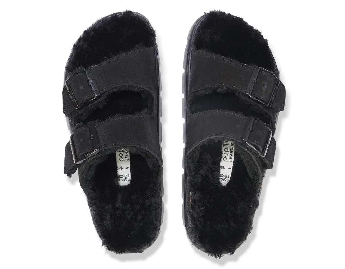 Birkenstock Arizona PAP Chunky Shearling Sandals - Black - Narrow
