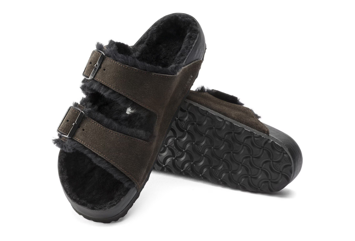 Birkenstock Arizona Shearling Suede Leather Sandals - Mocha/Black - Narrow