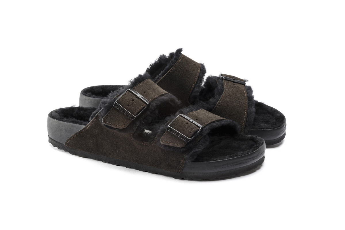 Birkenstock Arizona Shearling Suede Leather Sandals - Mocha/Black - Narrow