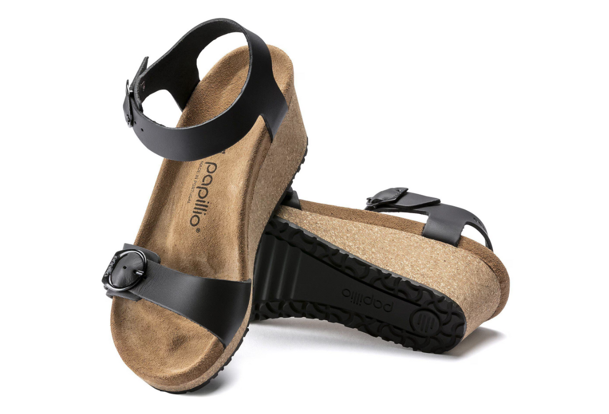 Birkenstock Soley Natural Leather Black Wedge Sandals Narrow