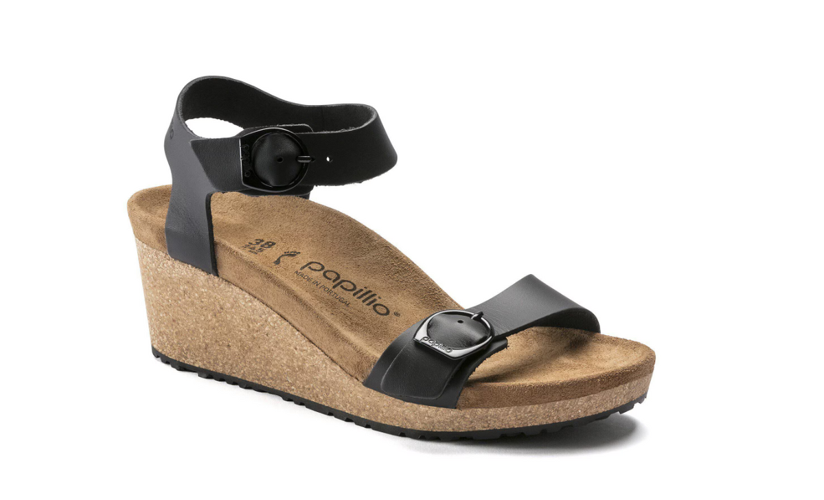 Birkenstock Soley Natural Leather Black Wedge Sandals Narrow
