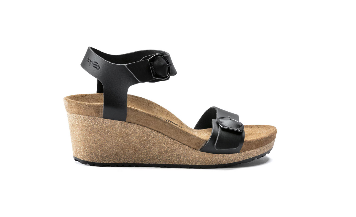 Birkenstock Soley Natural Leather Black Wedge Sandals Narrow