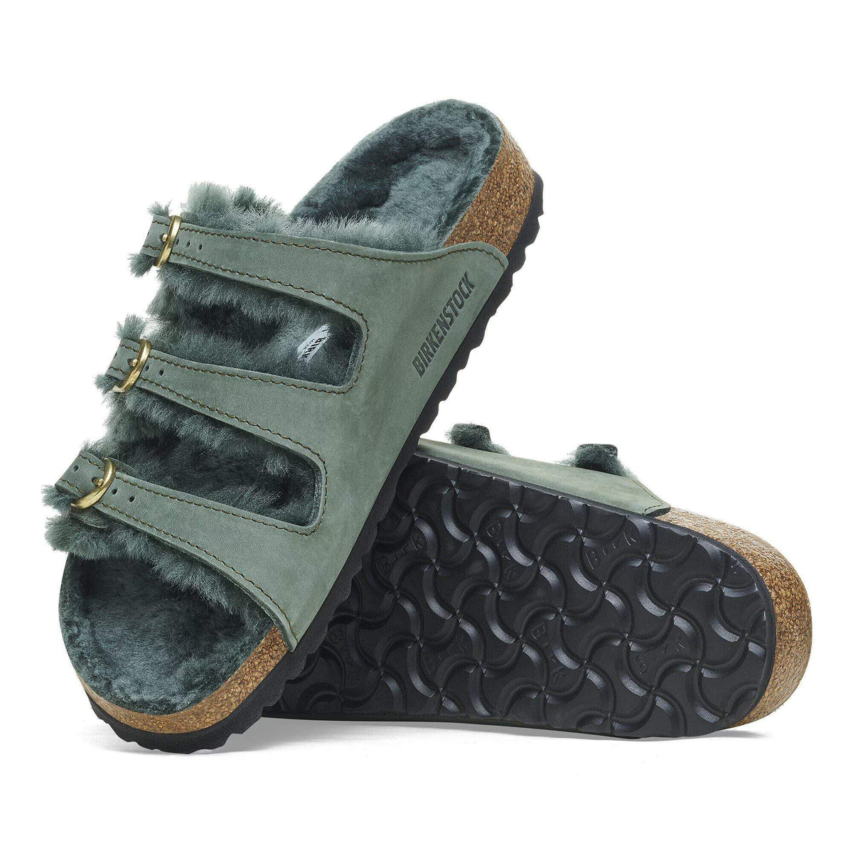 Birkenstock Florida Fresh Shearling Nubuck Leather Sandals - Thyme, Regular