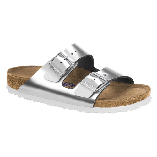 BIRKENSTOCK ARIZONA SOFT FOOTBED METALLIC SILVER LEATHER REGULAR